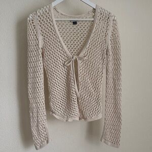 American Eagle Outfitters Open-Knit Tie-Front Cardigan in Beige S